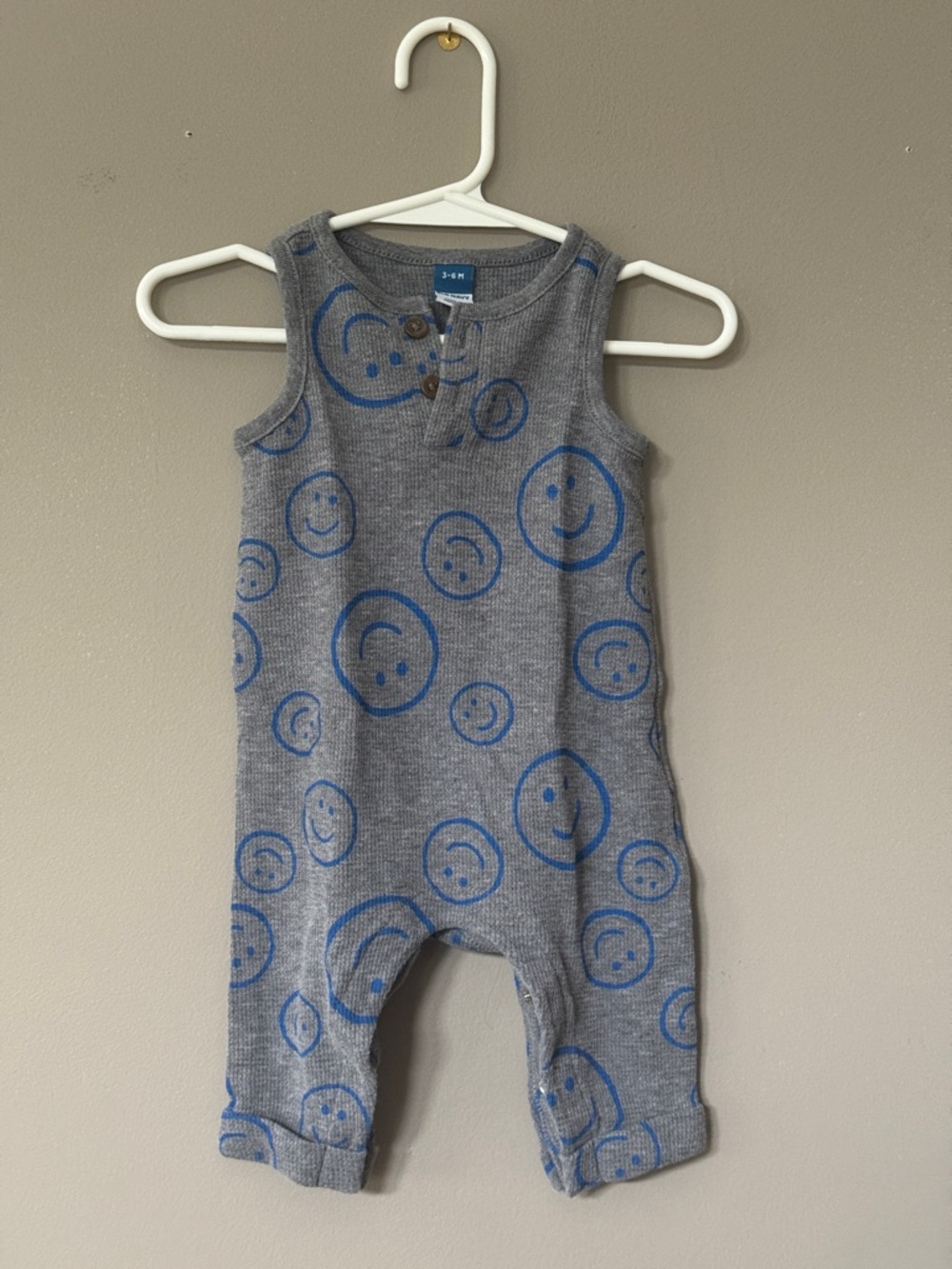 Old Navy Gray Knit Romper with Blue Smile Prints